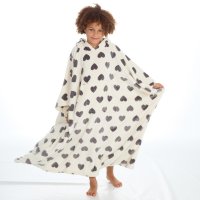 18C832: Older Girls Heart Print Hooded Plush Fleece Long Line Poncho (One Size - 7-13 Years)